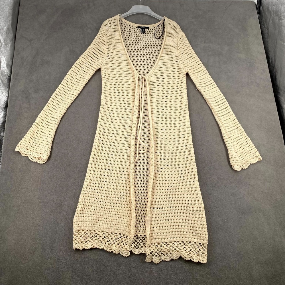 Forever 21 Cardigan Sweater Womens Small Beige Crochet Knit Lace Trim Open Front